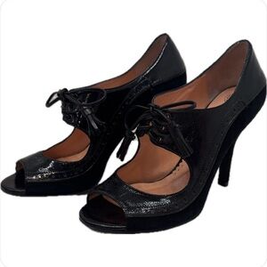 Nanette Lapore Women's 7 Black Patent Leather Suede Heels Lace Up Mary Jane